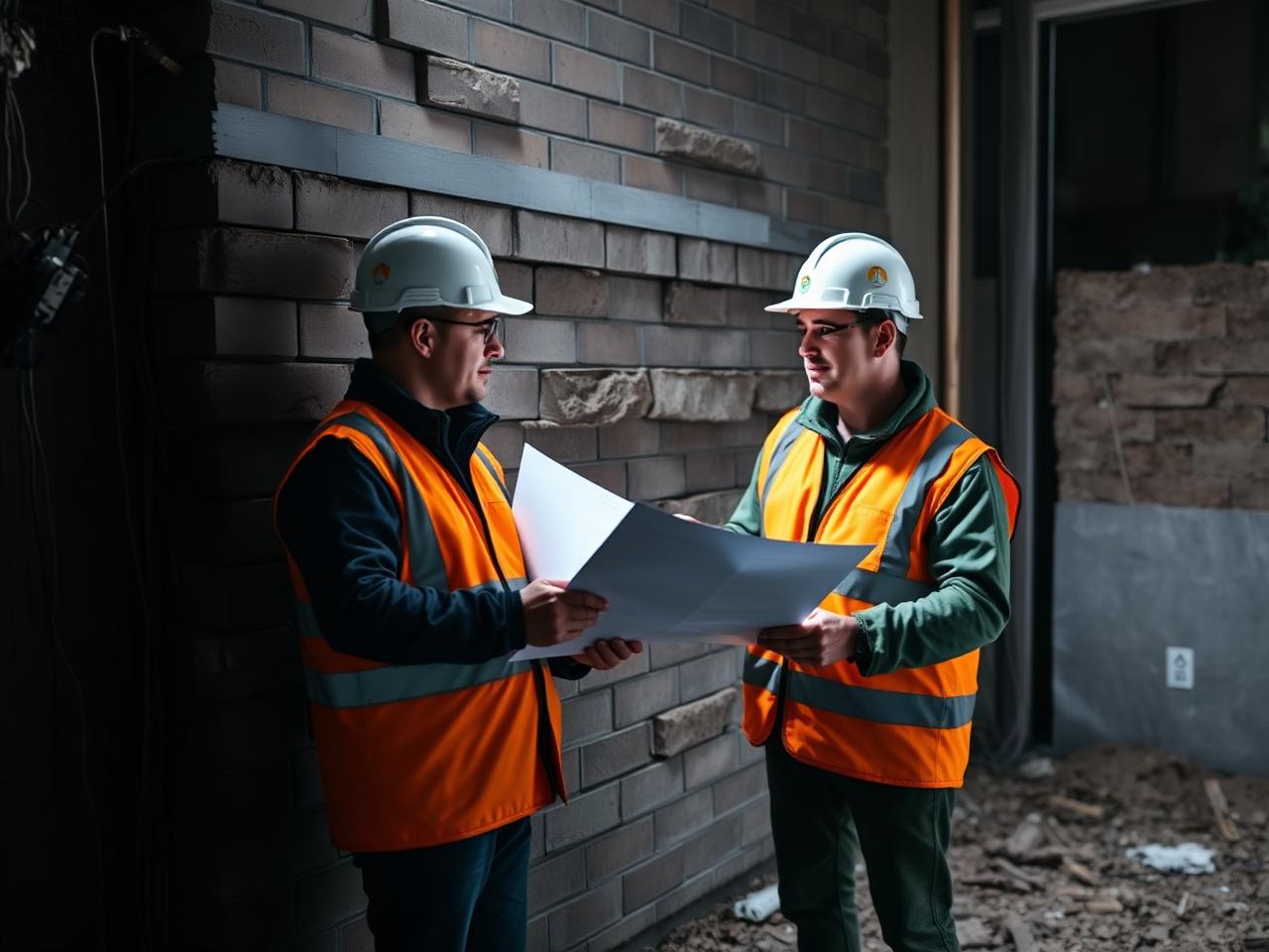 Waterproofing team reviewing plans at a Toronto foundation job site