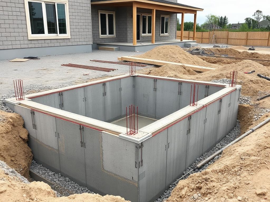 Concrete foundation walls and formwork at a residential build