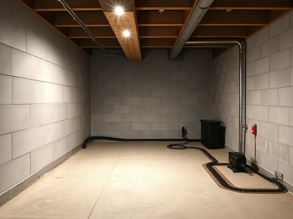 Dry finished basement with sealed concrete walls and interior perimeter drainage