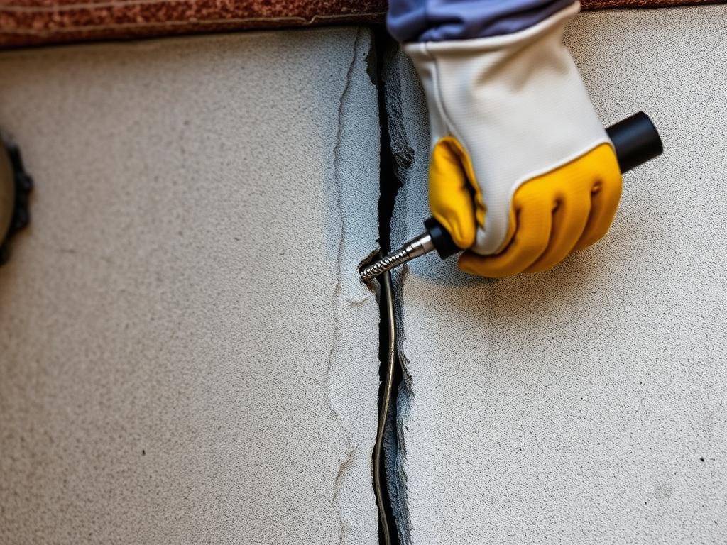 Technician injecting sealant into a crack in a poured concrete foundation wall
