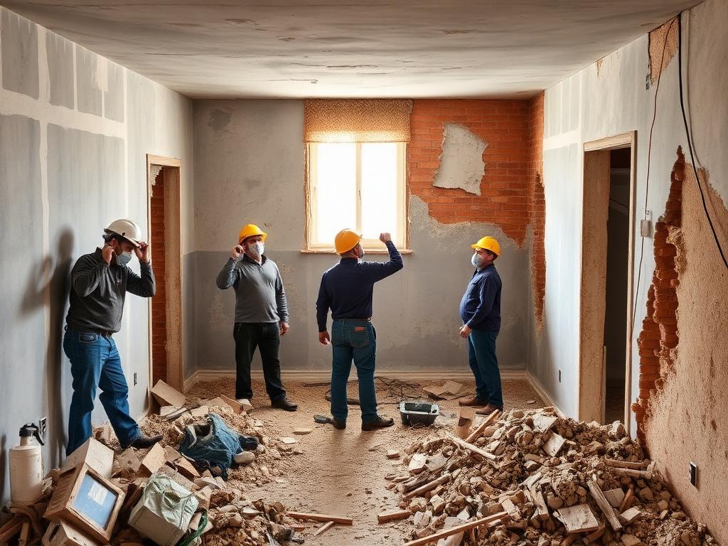 Crew in hard hats performing interior demolition inside a residential property