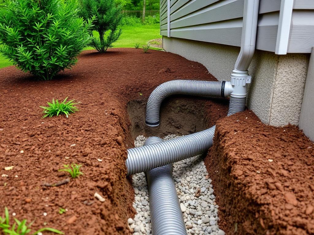 Perforated drainage pipe installed in a gravel trench connected to a downspout beside a house