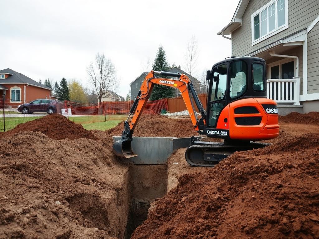 Mini excavator digging a foundation trench beside a residential home