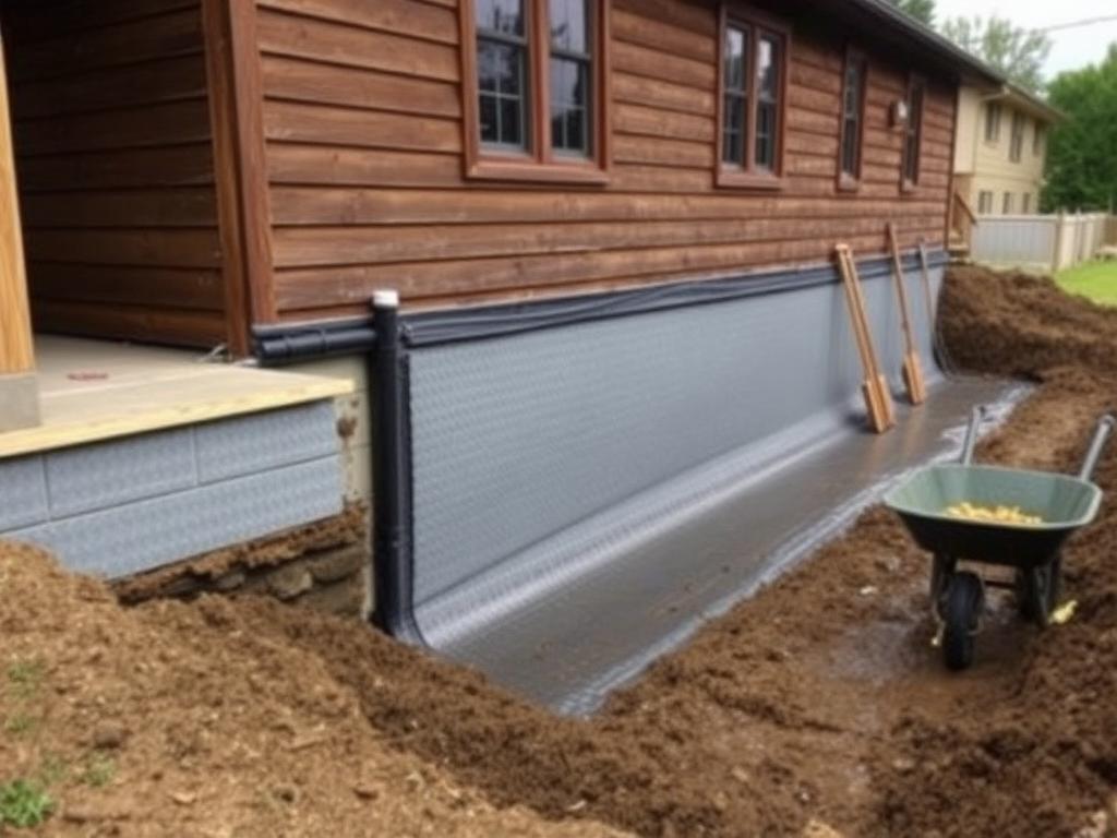 Exterior foundation wall with dimpled drainage membrane installed along an excavated trench