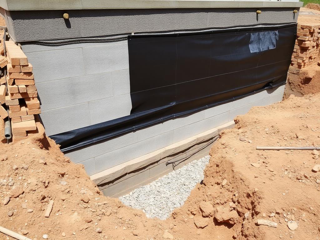 Concrete foundation wall coated with black waterproofing membrane in an open excavation trench