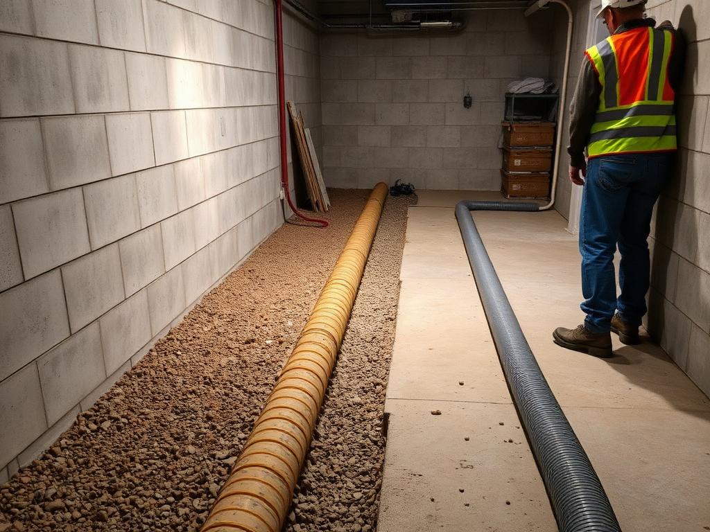 Interior basement perimeter trench with weeping tile drainage pipe and gravel